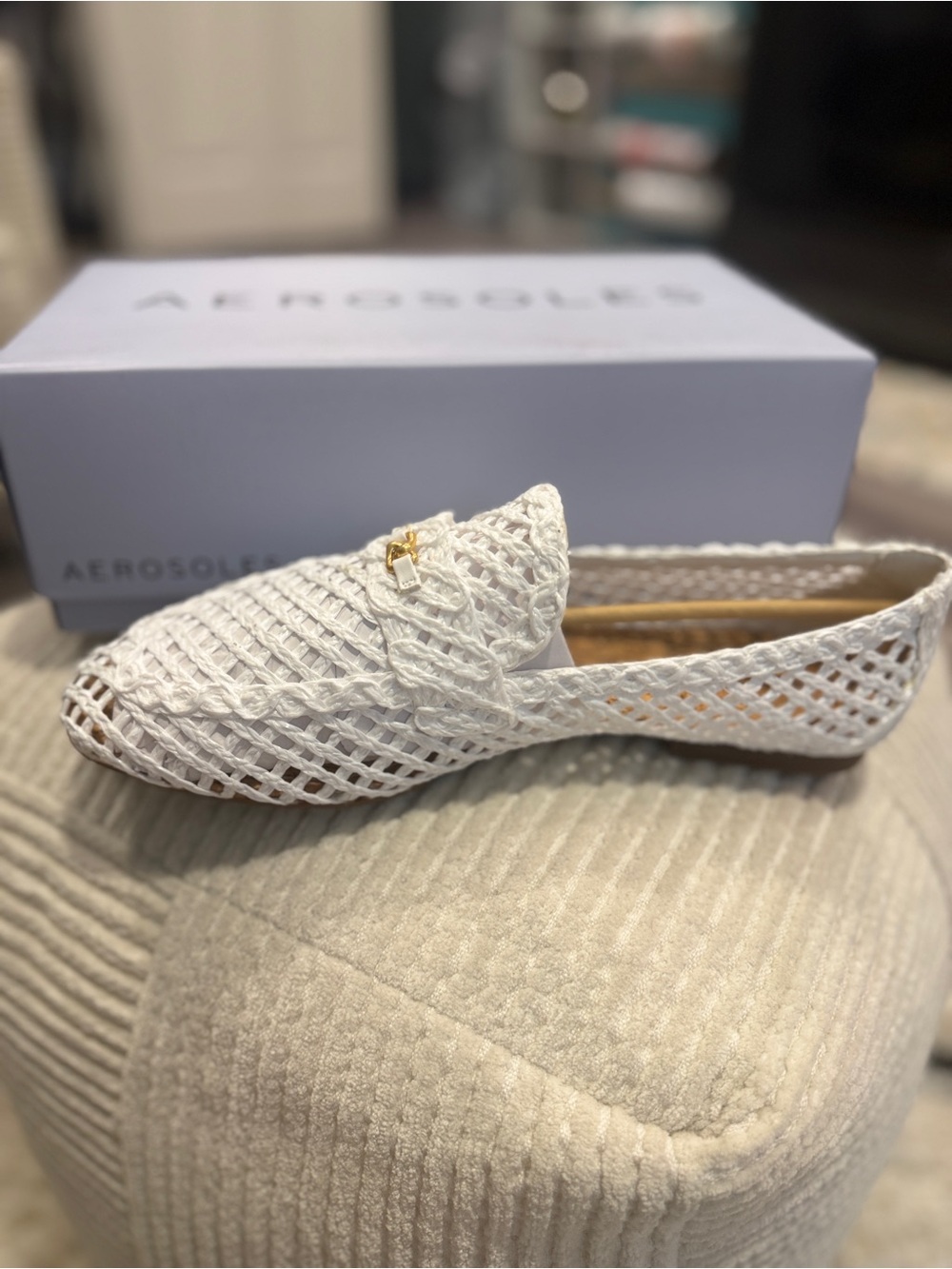 NWT Aerosoles White Hour Raffia Loafers Woven Flats Shoes Gold Buckle Size 12 - Picture 4 of 10